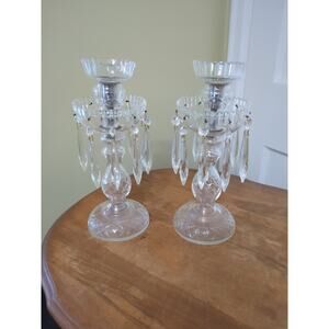 Pair Of Vintage Crystal Candleholders Bobeches And Prisms